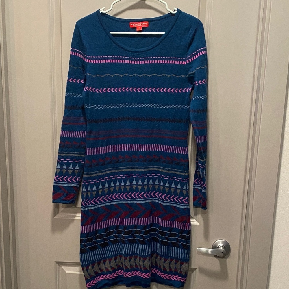 Krimson Klover M Merino Wool Sweater Dress Teal Fair Isle Nordic Ski Lodge